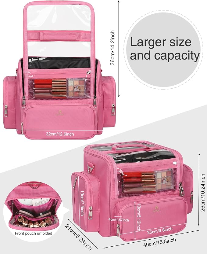 NAONAYA Pink Makeup Brush Bag, Clear Makeup Brush Holder with Lid, Extra Large Capacity Travel Cosmetic Bag Makeup Artist Must Haves,Make Up Organizers and Storage, with Adjustable Dividers - Image 2