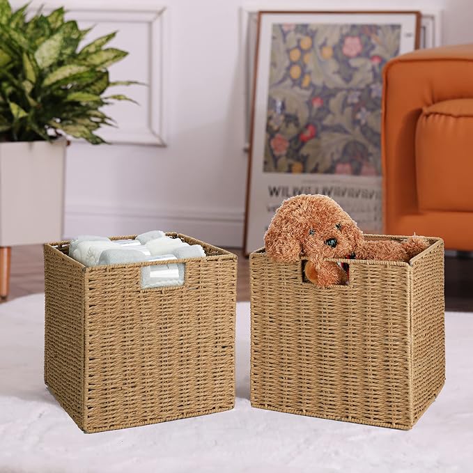 Vagusicc Wicker Storage Basket, Set of 2 Hand-Woven Storage Baskets for Shelves with Handles Foldable Cube Storage Baskets Bins, 9 inch Wicker Baskets for Pantry Bedroom Organizer &Decor, Natural - Image 6