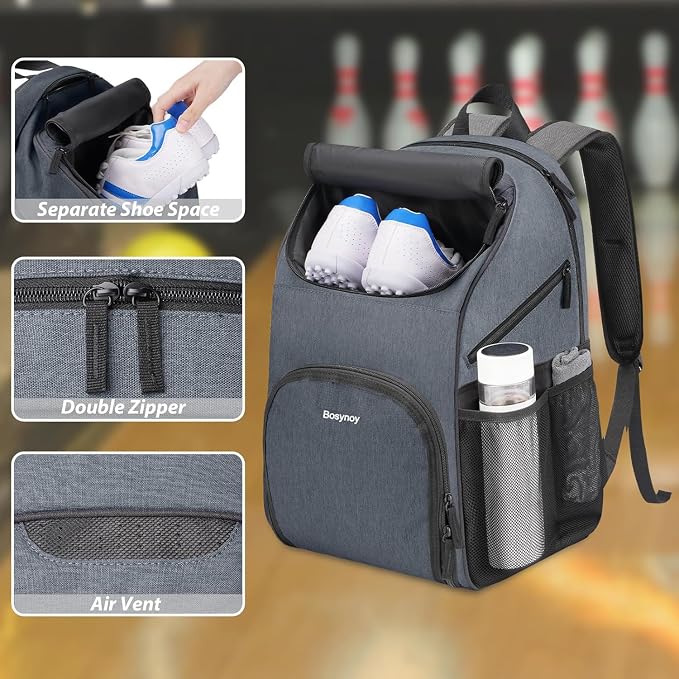 Bosynoy Bowling Backpack, Single Bowling Ball Bag with Shoe Compartment | Bowling Bag Totes with Foam Padded Protection, Fits Shoes Up to US Mens Size 16 and Accessories, Grey - Image 6