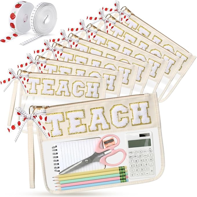 8 Pcs Teacher Appreciation Gifts Teach Chenille Letter Makeup Bag Monogram PVC Clear Zipper Pouch Wristlet Travel Cosmetic Bag Graduation Thank You Teacher Gift for Women (White Gold Letter) by Clysee