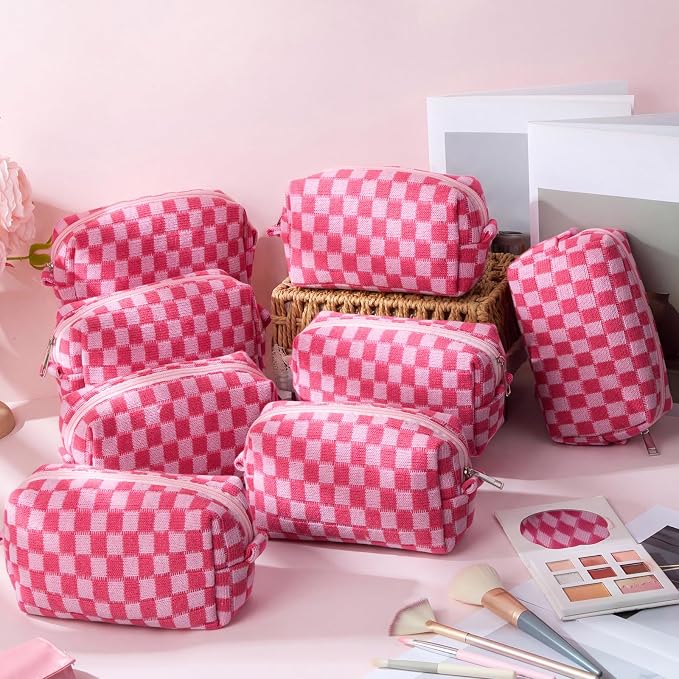Gilprop 12 Pcs Checkered Makeup Bag for Purse Small Cosmetic Pouch Bulk Portable Zipper Makeup Pouch Travel Toiletry Organizer Gifts for Women Bridesmaid Wedding Party Favors (Hot Pink) - Image 7