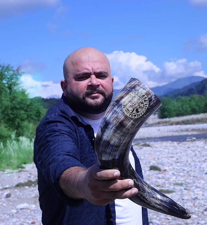 OLDEMPEROR Viking Drinking Horn - 12 Inch with Viking Compass Engraved & Leather Holster | Handmade Beer Cup | Food Grade | Unique Genuine Ox Horn| Natural Shine Finish| Viking Gift for Men & Women