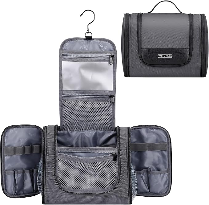 WITZMAN Toiletry Bag for Men Nylon Hanging Water-resistant Shaving Dopp Kit | With Dry-wet Separation Pocket, Multi-pockets for Organized Storage, Lightweight, For Travel, Bathroom, B690 Silvery Grey by WITZMAN