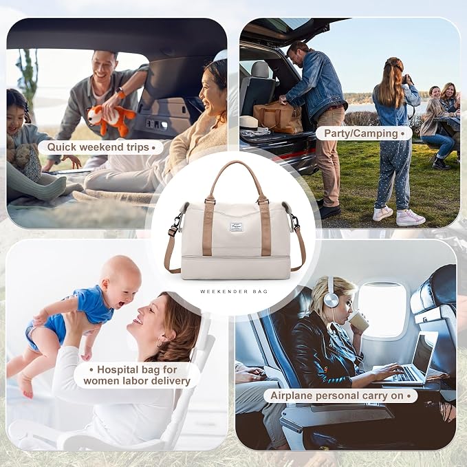 Weekender Bags for Women, Travel Duffel Bags with Shoe Compartment & Wet Pocket,Travel Bag for Airlines,Carry on Overnight Tote Bag for women with Toiletry Bag,3Pcs Set，Beige & Brown - Image 6