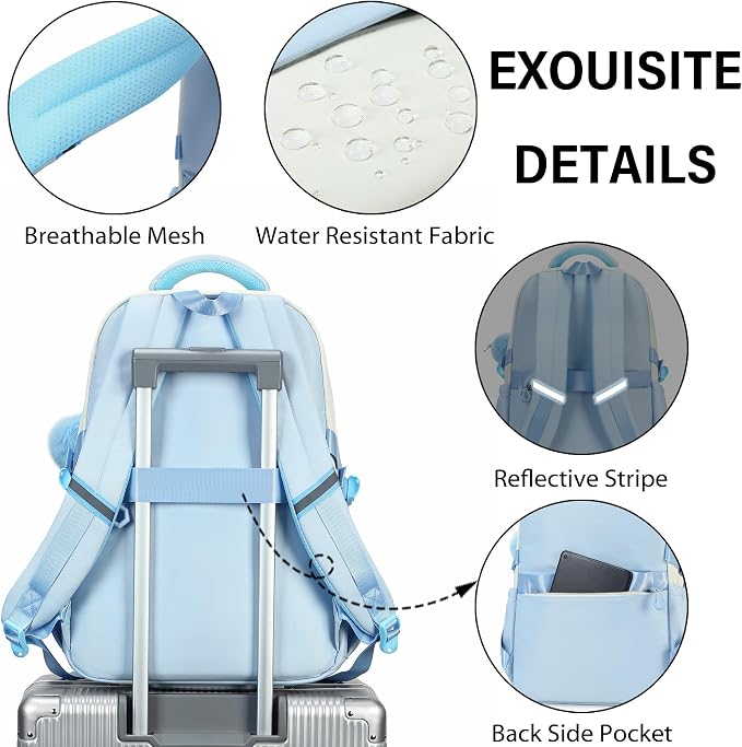 School Backpack for Girls, 3PCS Laptop Backpack 15.6 Inch with Lunch Box Pencil Pouch Set for Kids Teens Elementary Middle High School College Bookbag Student Casual Travel Daypack,Blue Beige - Image 4