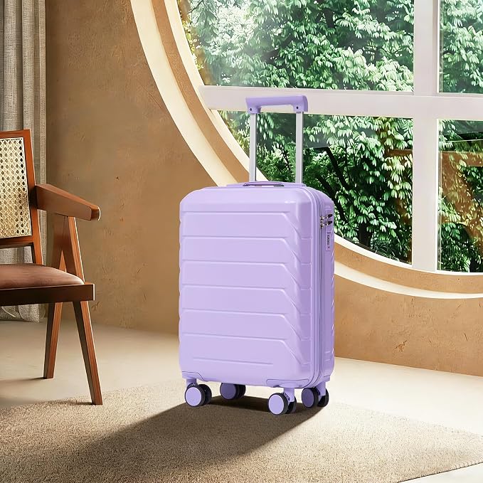 GDFStudio 20 Inch ABS Hard Shell Carry-On Luggage, Spinner Wheel Suitcase with Printed Stripe Pattern and TSA Combination Lock - Blue+Purple - Image 3