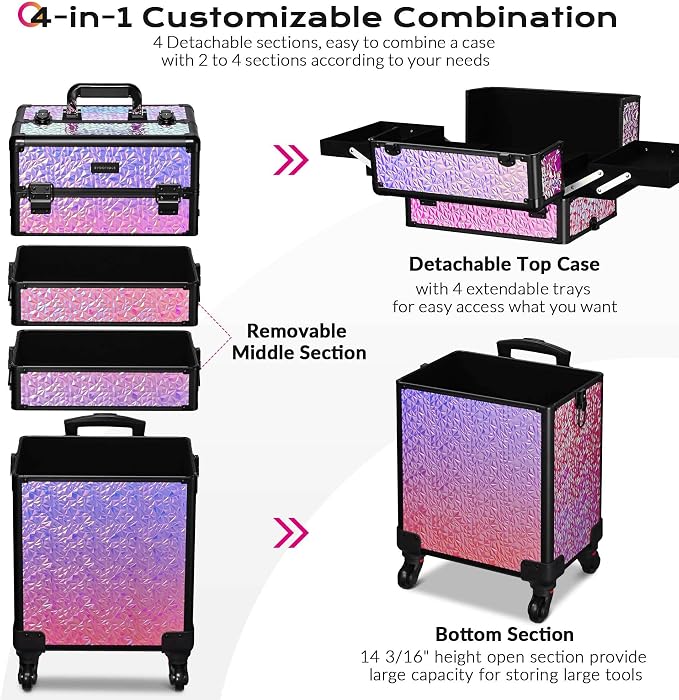BYOOTIQUE Rolling Makeup Case 4in1 Cosmetology case on wheels Makeup Artist | Aluminum Rolling Makeup Suitcase with 360° Detachable Wheel Lockable 54Lb Large Capacity Organizer Nail Tech Mermaid Pink - Image 3