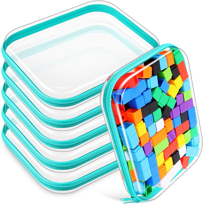 Sanwuta 6 Pcs Clear Hard Zipper Case Plastic Zipper Pouches Transparent Makeup Bag Pencil Case Pouches Toiletry Diaper Bag for Travel Toy Storage Organizer Bins(Teal,9.84 x 7.87 x 2 Inch) by Sanwuta