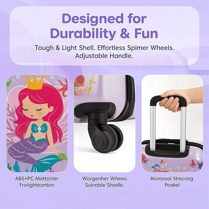 Sanwuta 4 Pcs Kids Luggage Set Back to School Gifts for Girls Boys Carry On Rolling Suitcase Backpack Neck Pillow Travel Set(20 Inch,Mermaid Style,Purple) - Image 6