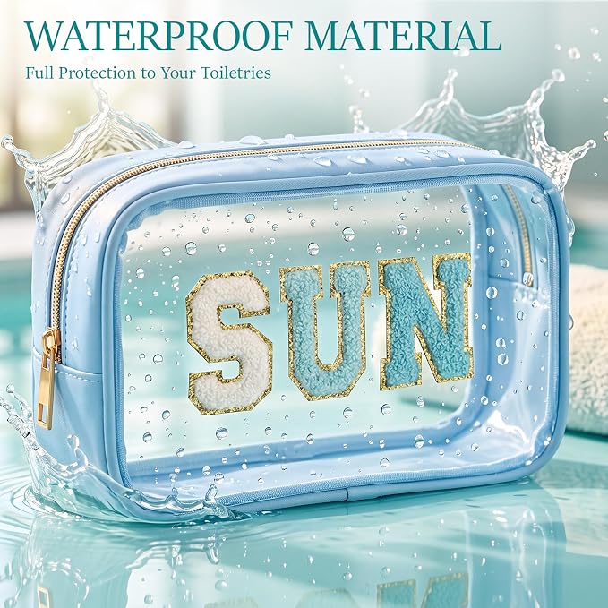 Kacctyen 10 Pcs Sun Clear Makeup Bags with Zipper in 5 Assorted Colors, Chenille Letter Sunscreen Bags Bulk, Clear Waterproof Cosmetic Bag for Women Beach Pool Trip & Summer Birthday Party Favors - Image 4