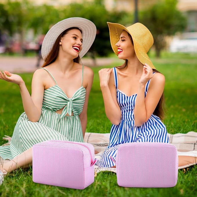 Sanwuta Seersucker Cosmetic Bag Bulk Striped Makeup Bag for Women Aesthetic Cute Travel Toiletry Organizer Preppy Storage Pouch for Wedding Bridesmaid Mother's Day Teacher Gift(Large,Pink,6) - Image 6