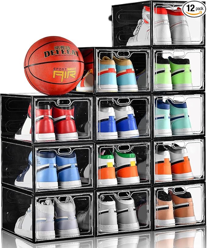 INSTY 12 Pack Large Shoe Storage Box, Clear Shoe Storage Organizer with Magnetic Door, Stackable,Shoe Containers For Display Sneakers, Easy Assembly, Fit up to US Size 12, Transparent by INSTY