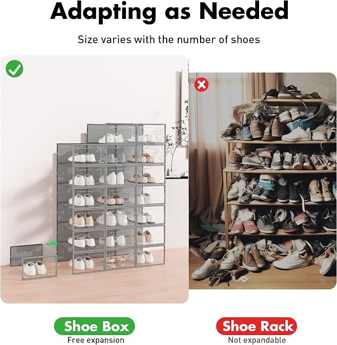 Foluck Shoe Storage Box, 15 Pack Clear Plastic Stackable Organizer for Closet, Interlocking Design Shoes Container Bins for Sneakers, Foldable Shoe Rack with Lids, Grey - Image 4