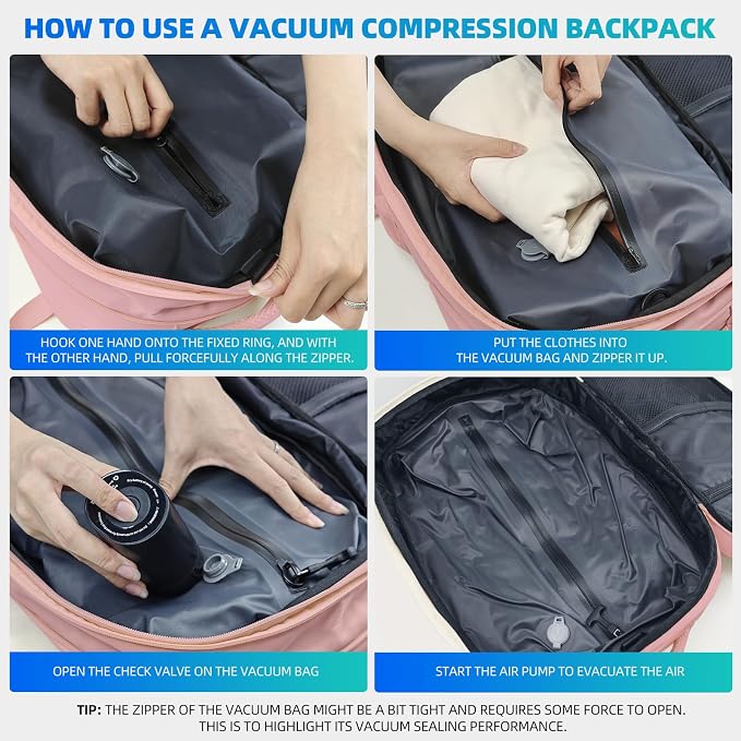 Vacuum Backpack 60L with Pump, Waterproof for 17" Laptop, Pink - Image 4