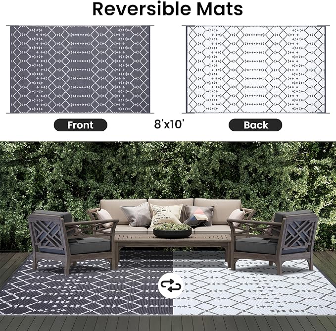 Smiry Outdoor Rug 8x10 ft, Waterproof Reversible Plastic Straw Rugs, Boho Outdoor Area Rug, Outside Floor Mat for Patio, Backyard, Deck, Picnic, Beach, Camping, Grey - Image 3