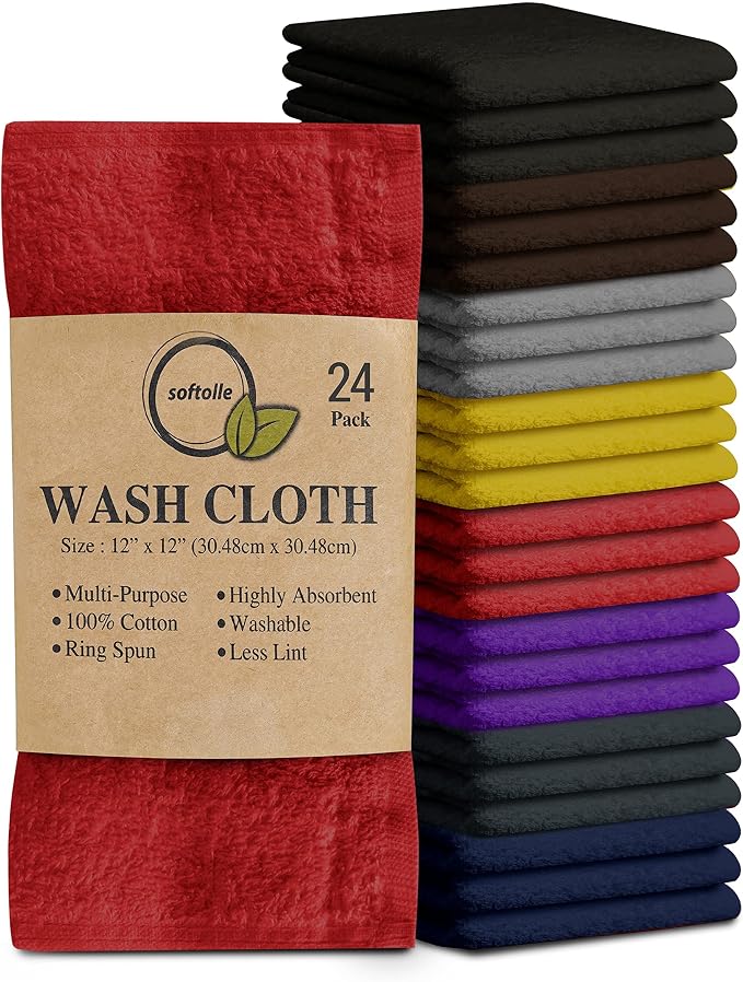 100% Cotton Washcloths 24 Pack (12x12 Inches) Soft, Highly Absorbent Washcloth, Face Towels, Wash Cloths for Face, Ring Spun, Bulk Pack (Assorted) by Softolle