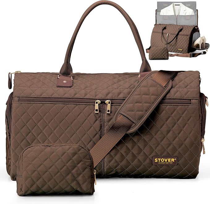 STOVER Women’s Convertible Garment Duffel Bag for Travel – 2-in-1 Carry-On Weekender/Overnight Tote - Wrinkle-Free Dresses, Suits & Clothes + Shoe Compartment & Bonus Toiletry Bag (Mocha Brown) by STOVER