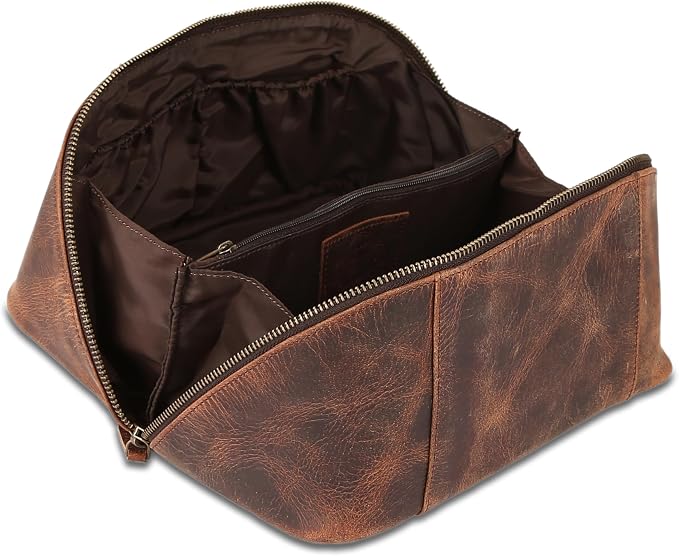 KomalC Luxury Leather Men’s Toiletry Travel Bag – Handmade Shaving Kit with Waterproof Interior, Spacious Storage & Carry Handle – leather travel Kit Bag for Men & Women (Dark Brown) - Image 6