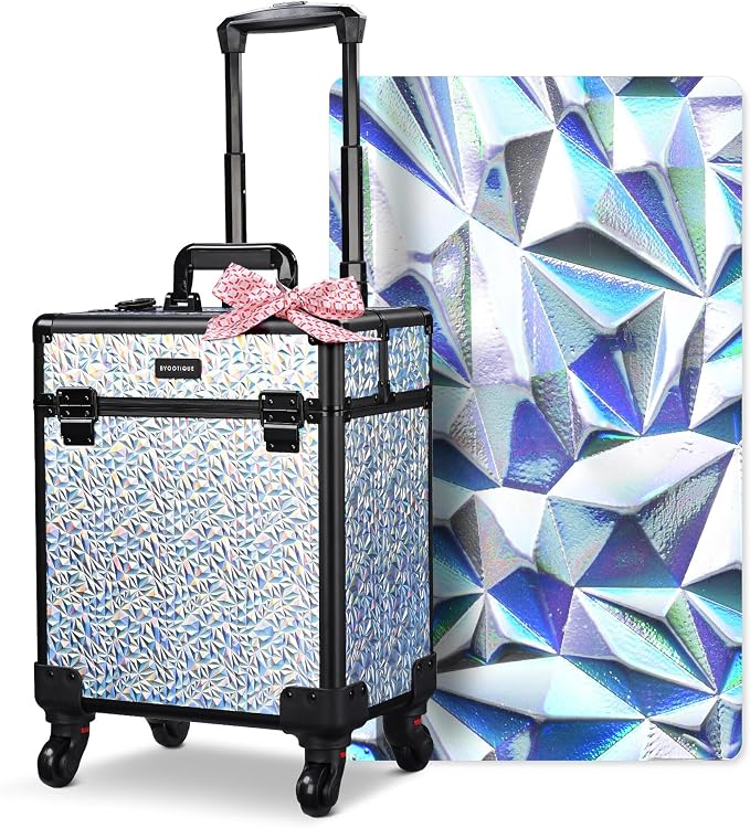 BYOOTIQUE Rolling Makeup Case Cosmetology case on wheels Makeup Artist Nail | Aluminum Rolling Makeup Suitcase with 360° Detachable Wheel Lockable 44Lb Large Capacity Organizer Nail Tech Mermaid Silver by BYOOTIQUE