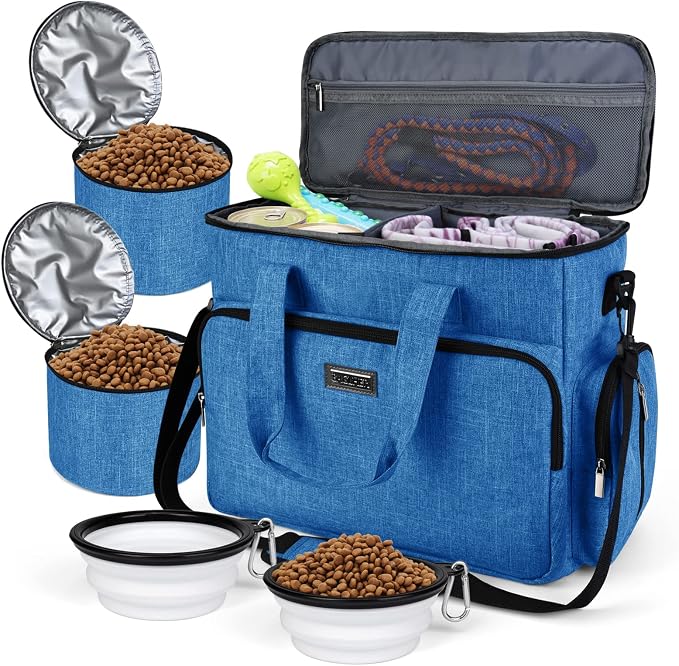 BAGLHER Dog Travel Bag, Pet Travel Bag (ALL Pet Travel Supplies), With 2 Pet Food Containers and 2 Collapsible Silicone Bowls; Essential Kits for Pet Travel Blue by BAGLHER