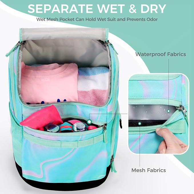 Choco Mocha Swim Bag for Kids Swim Bag for Swimmers, 35L Waterproof Swims Backpack with Wet Dry Compartments, Organized Pool & Beach Bags(Sapphire) - Image 3