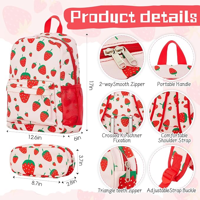 Redbaker 6 Pcs Kids Luggage Set, 17 Inch Rolling Suitcase with Backpack Lunch Bag Neck Pillow, Pink Strawberry Travel Set for Summer Vacation Sleepover Back to School Gift - Image 4