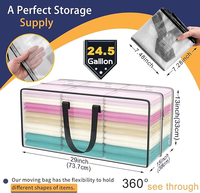 Heavy Duty Extra Large Clear Moving Bags with Strong Zipper Handles | 4 Pack Clothes Storage Bags Totes Space Saving Moving Boxes Bins Packing Bags for College Dorm Compatible with Ikea Frakta - Image 2