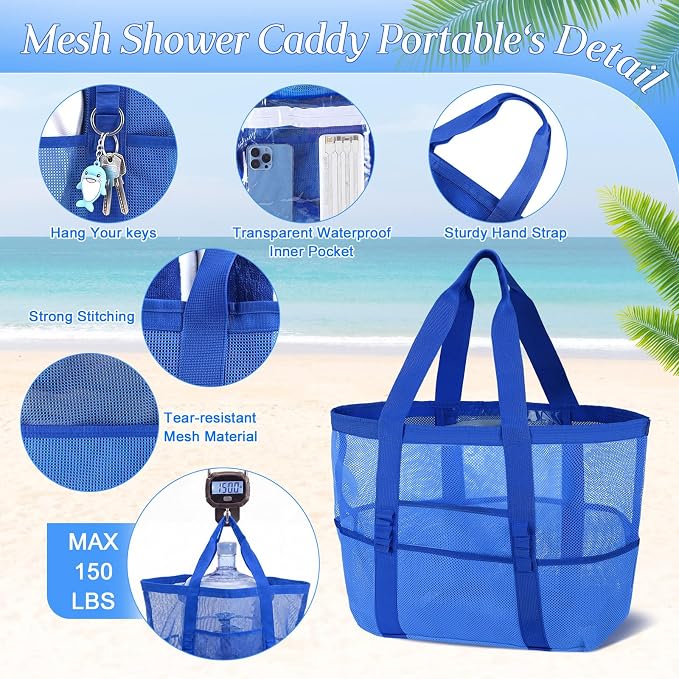 Hillban Large Beach Mesh Bags Bulk for Women Beach Tote Bag with 8 Pocket Zipper Waterproof Sandproof for Pool Cruise Ship - Image 4
