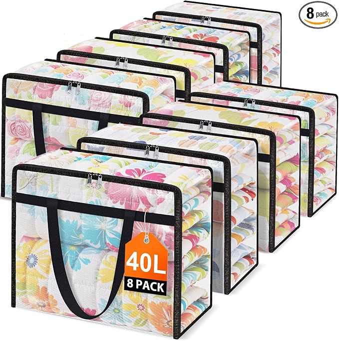 Clear Under Bed Storage Containers - 8 Pack Large Capacity Clothes Storage Bags with Lid & Sturdy Handles, Foldable Moving Bags, Clothing Organizer Totes for Bedding, Comforter, Sheet（40 L） by Unknown