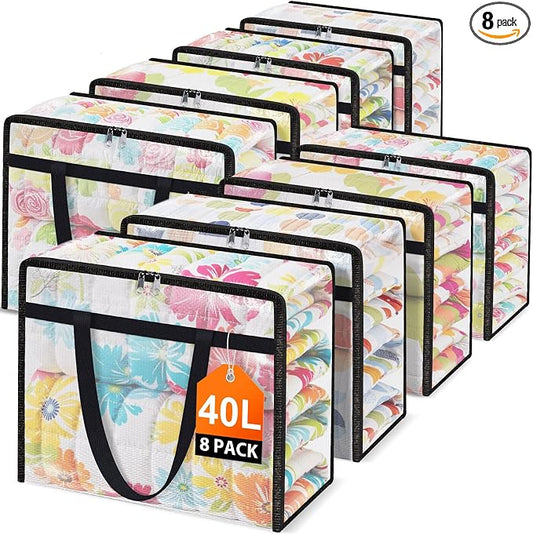 Clear Under Bed Storage Containers - 8 Pack Large Capacity Clothes Storage Bags with Lid & Sturdy Handles, Foldable Moving Bags, Clothing Organizer Totes for Bedding, Comforter, Sheet（40 L） by Unknown