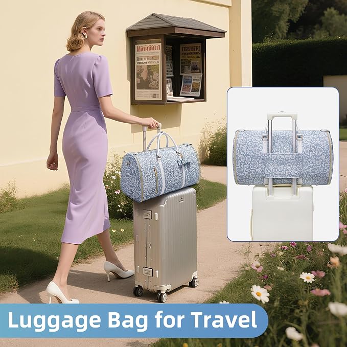 Travel Garment Bag for Women, Foldable Carry On Garment Duffle Bag 20.5x10x12.5 Inch, Convertible Overnight Bags with Shoe & Toiletry Pockets for Business Trip, Vacation, Party, Blue-White - Image 8