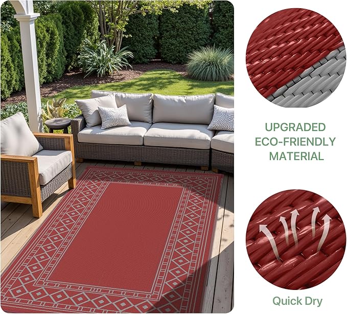 GENIMO Outdoor Rug, Waterproof Plastic Rugs for Patio, 6'x9' Red Grey | Outside Larger Modern Carpet Mat for Porch Decor, Deck, Balcony, Camping, RV, Backyard, Picnic, Beach, Reversible - Image 7