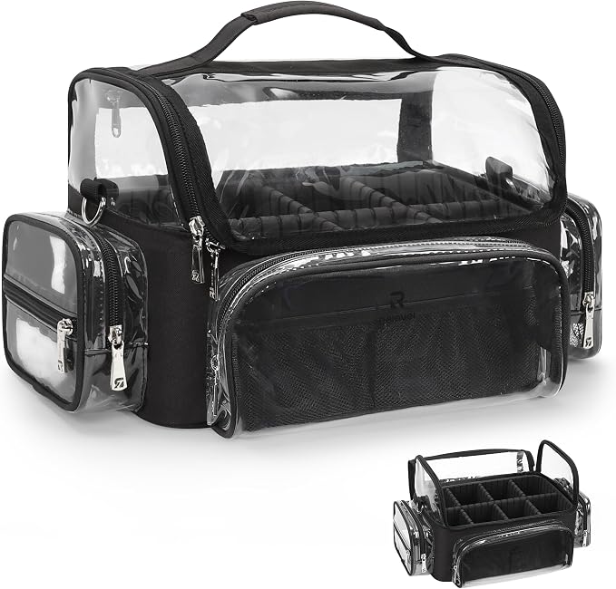 Makeup Brush Bag, Makeup Brush Case for Makeup Artist with Plastic Dividers Washable, Portable Travel Makeup Train Case with Clear Waterproof Cover for Easy to Clean and Find with Adjustable Strap by NAONAYA