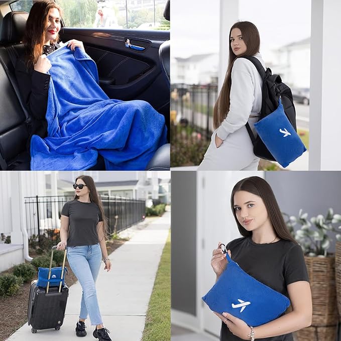 BlueHills Soft Plush Mini Travel Blanket Pillow Plane Essentials Royal Blue | Premium Soft Case, Luggage Belt & Backpack Clip, Compact Pack Airplane & Car Portable, Cruise Travel Size Accessories Comfort - Image 3