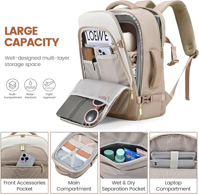LOVEVOOK Travel Backpack for Women, TSA Approved Carry On Backpack with 2 Packing Cubes, Personal Item Backpack Fits 17 Inch Laptop, Weekender Water-resistant Daypack, Khaki-beige - Image 4