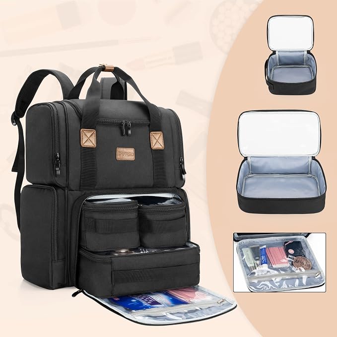 BAFASO Travel Makeup Bag with 3 Inner Removable Pouches, Black | Cosmetic Bag with Multiple Pockets. - Image 3