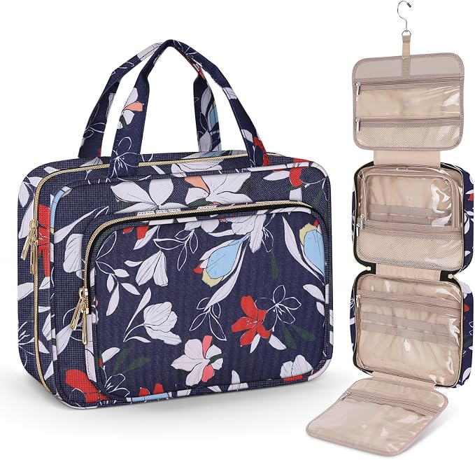 Wedama Toiletry Bag for Women, Large Cosmetic Travel Bag, Hanging Toiletry Bag for Bathroom, PVC Waterproof Makeup Bag, Toiletries Bag for Travel Business Trips and Camping, Blue+White Floral by Wedama