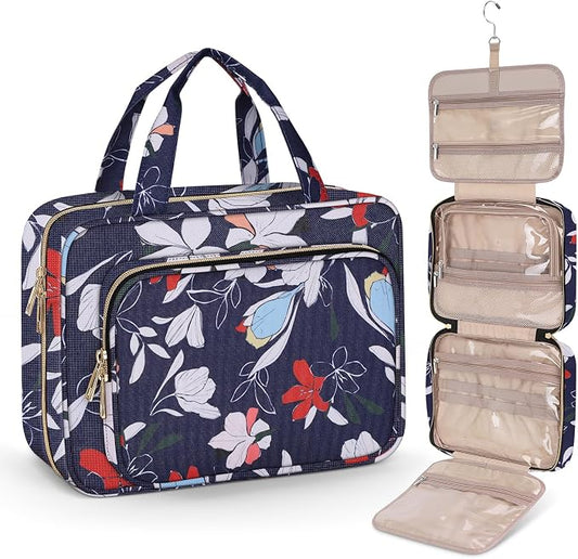 Wedama Toiletry Bag for Women, Large Cosmetic Travel Bag, Hanging Toiletry Bag for Bathroom, PVC Waterproof Makeup Bag, Toiletries Bag for Travel Business Trips and Camping, Blue+White Floral by Wedama