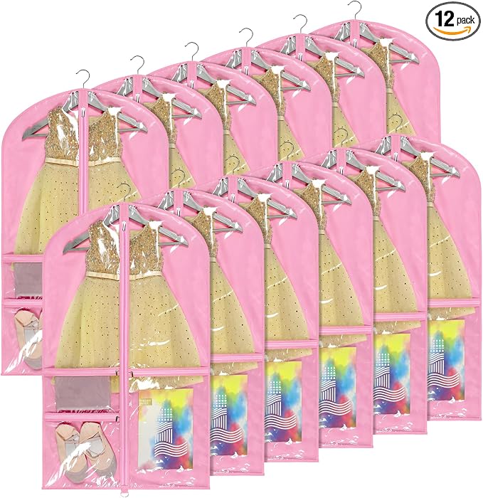 Univivi Dance Costume Bags Garment Bag 40 Inch Hanging Clothes for Dance Competitions, with 3 Medium Clear Zipper Pockets for Dance Costumes, Closet Storage (Pink) - 12 Pack by Univivi