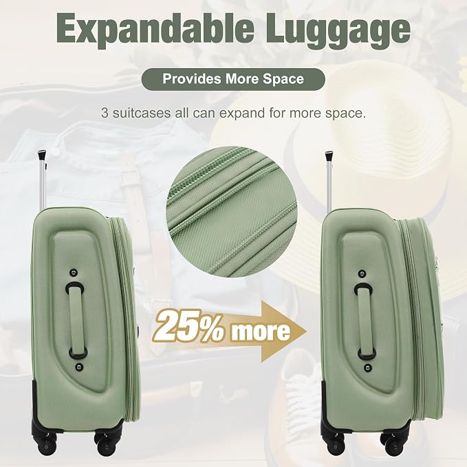 Merax Softside Luggage Set Lightweight 3 Piece Suitcase with Duffel Bag | Expandable Upright Travel Spinner Luggage 22" 26" 30",Light Green - Image 6