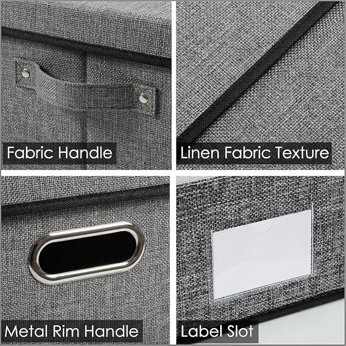 PRANDOM Storage Bins with Lids [3-Pack] Linen Fabric Foldable Storage Boxes Organizer Containers Baskets Cube with Cover for Bedroom Closet Office Grey(23.4X15.9X11.4) - Image 6