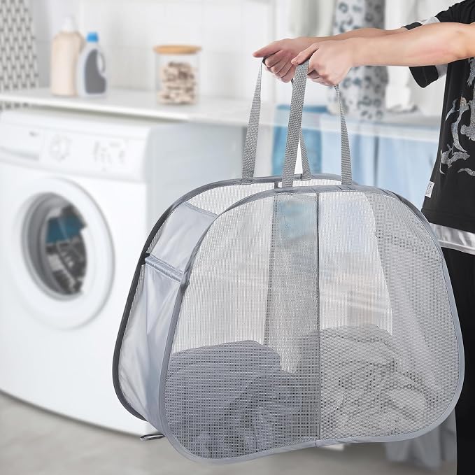 Seiritex Mesh Popup Laundry Hamper 2 Compartment, Collapsible Laundry Sorter Basket Foldable Hamper for Clothes, College Dorm, Travel (Gray) - Image 3