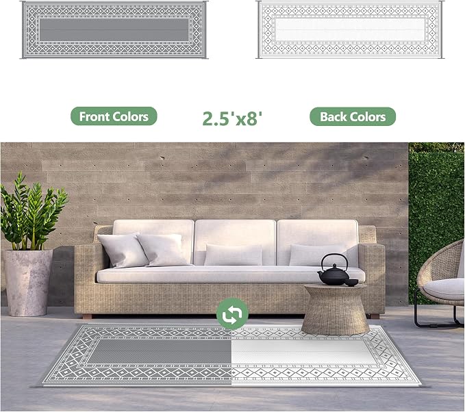 GENIMO Outdoor Rug, Waterproof Plastic Runner Rugs, 2.5'x8' Grey White | Outside Larger Modern Carpet Mat for Porch Decor, Deck, Balcony, Camping, RV, Backyard, Picnic, Beach, Reversible - Image 5
