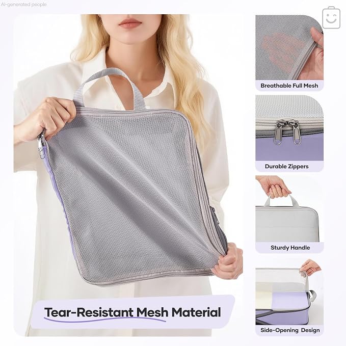 Veken 11 Set Compression Packing Cubes for Travel Essentials,Compressible Expandable Luggage Suitcase Organizer Bags with Garment Bag,Space Saver Bags with Over 1000 pcs of Mesh Holes(Purple Gray) - Image 5