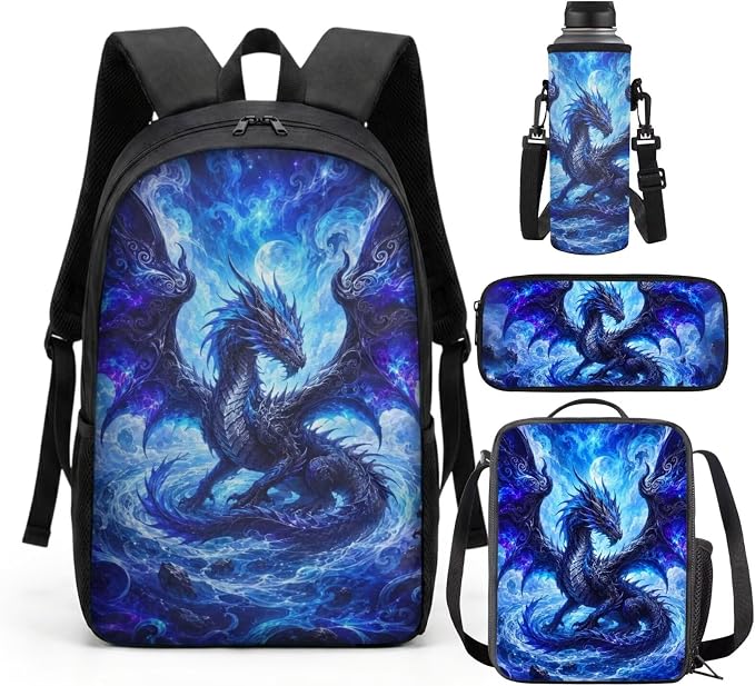 Dragon Backpack with Lunch Box Kids Girls 6-8/8-10 Elementary School Bookbag for 3rd Grade 17in Galaxy Book Bag and Lunchbox 17in Primary Student Back Pack 4PCS Set by SCRAWLGODDreamWardrobe