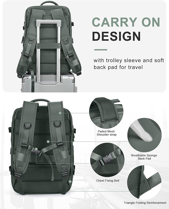 Large Travel Laptop Backpack, Expandable Flight Approved Backpack, Carry on Backpack for Women, Waterproof 17inch Laptop Hiking Backpack with Shoe Compartment, Dark Green - Image 6