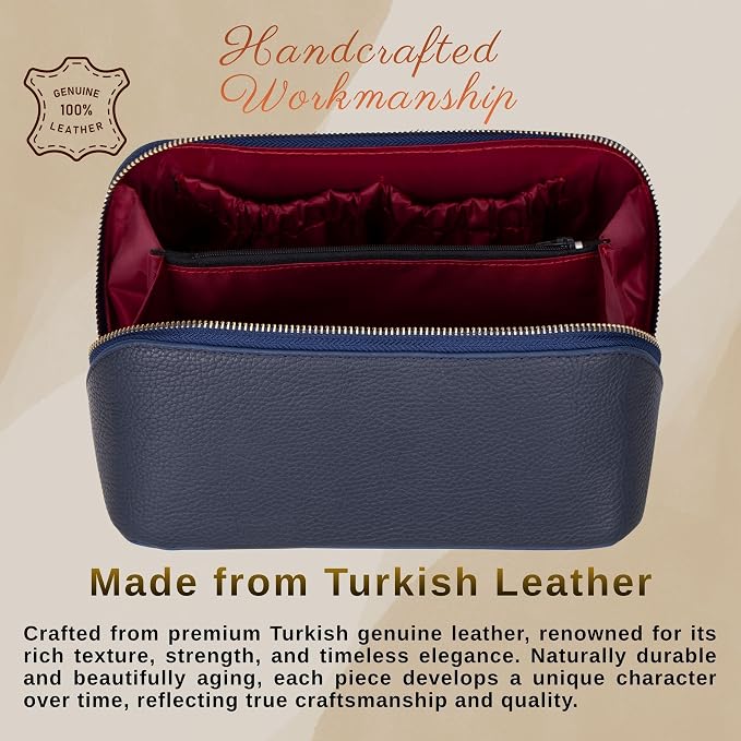 VENOULT Makeup Bag, Spacious Cosmetic Case for Women, Portable 180° Wide-Open Flat Cosmetic Bag, Travel Toiletry Organizer with Handle, Hanmdade, Full Grain Genuine Turkish Leather (Regal) - Image 4