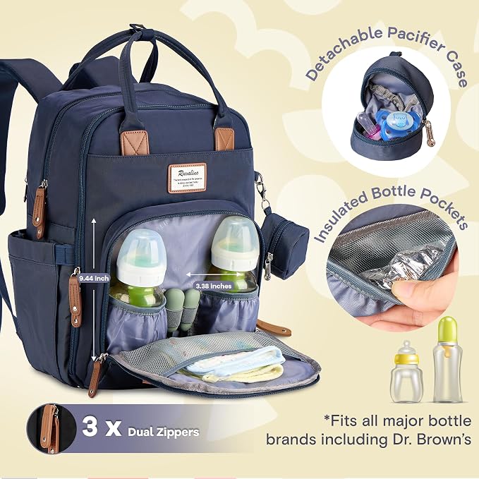 RUVALINO Diaper Bag Backpack, Multifunction Travel Back Pack Maternity Baby Changing Bags, Diaper Changing Totes, Waterproof and Stylish, Navy Blue - Image 3