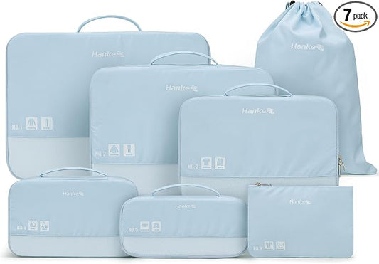 Hanke 7 Piece Expandable Compression Packing Cubes, Premium Travel Packing Organizers for Suitcases/Carry On, Luggage Organizer Bags with Breathable Mesh & Label,Light Blue by Hanke