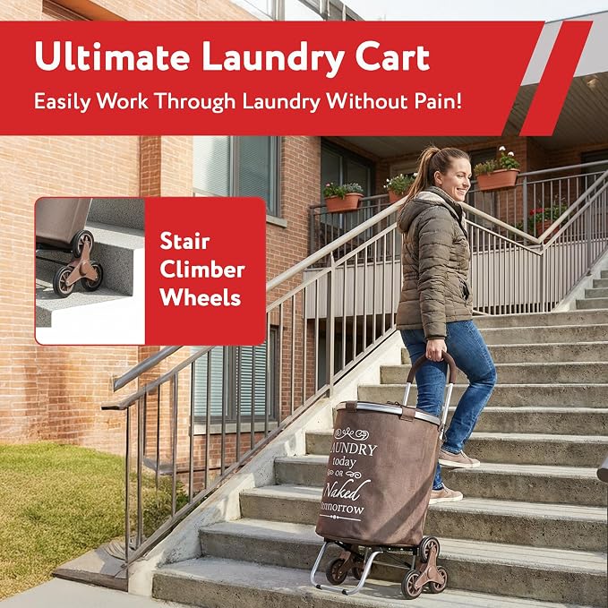 dbest products Stair Climber Laundry Trolley Dolly, Brown Laundry Bag Hamper Basket cart with wheels sorter - Image 8